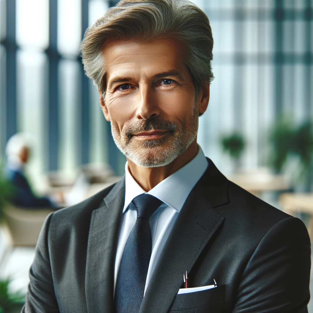 DALL·E 2023-11-14 22.48.09 - A seasoned, confident executive in his late 50s, with a distinguished, approachable appearance, dressed in a professional suit, exuding leadership and