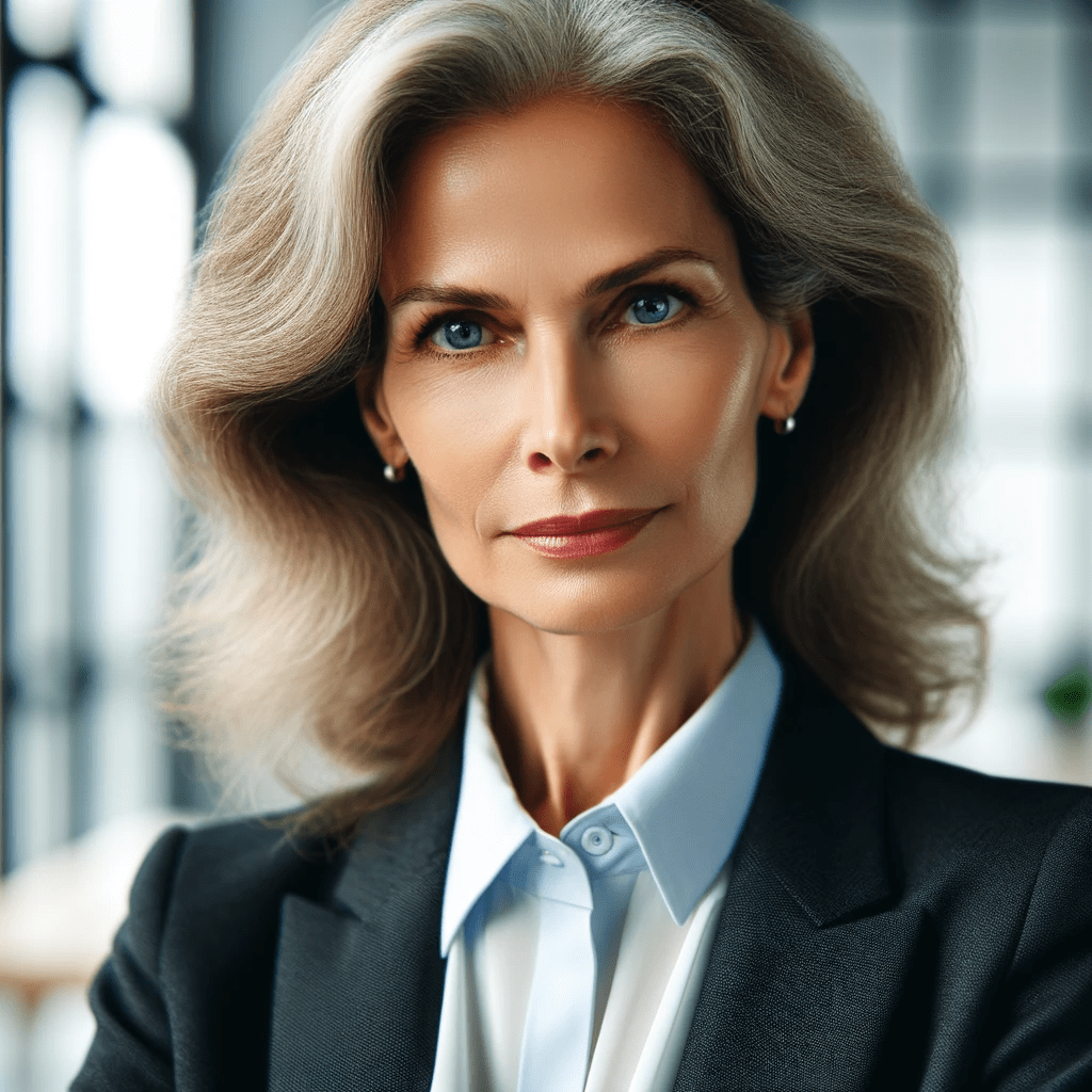 DALL·E 2023-11-14 22.48.13 - A professional woman in her early 50s, with a sharp, analytical gaze, exuding confidence and expertise, dressed in a business attire, in a modern corp