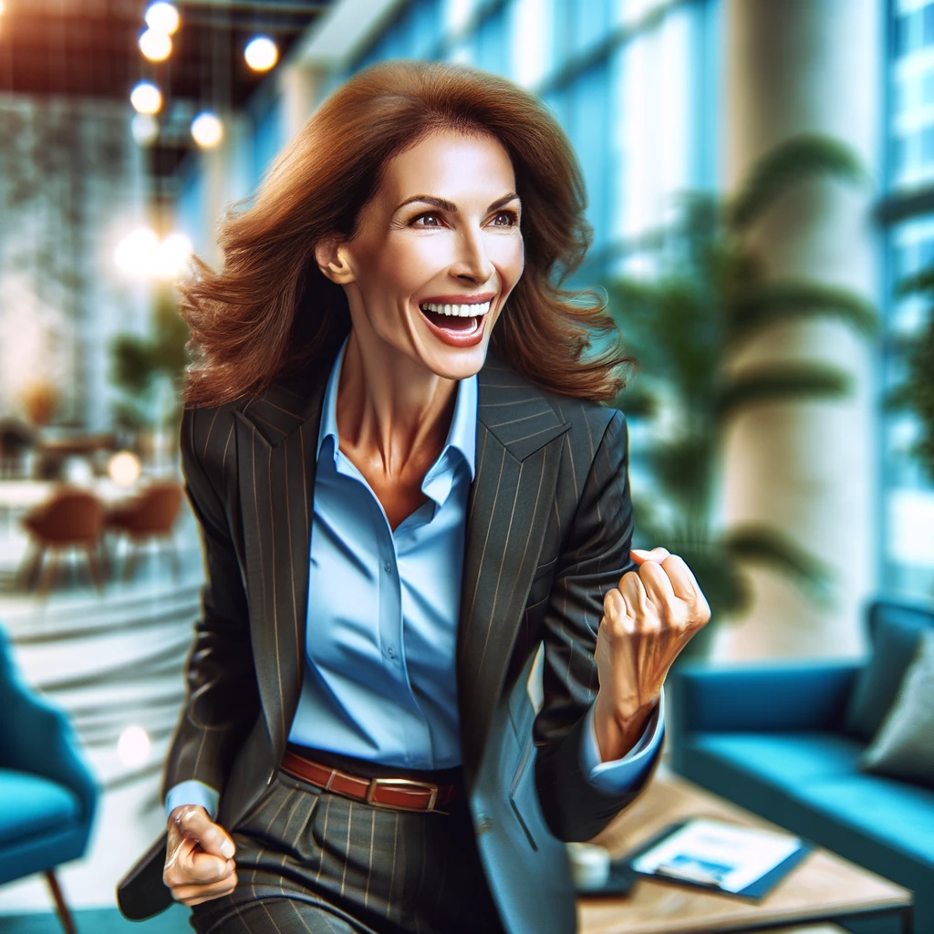 DALL·E 2023-11-14 22.48.21 - A dynamic, engaging woman in her mid-40s, with an energetic and persuasive charm, dressed in a stylish business suit, in a vibrant corporate setting