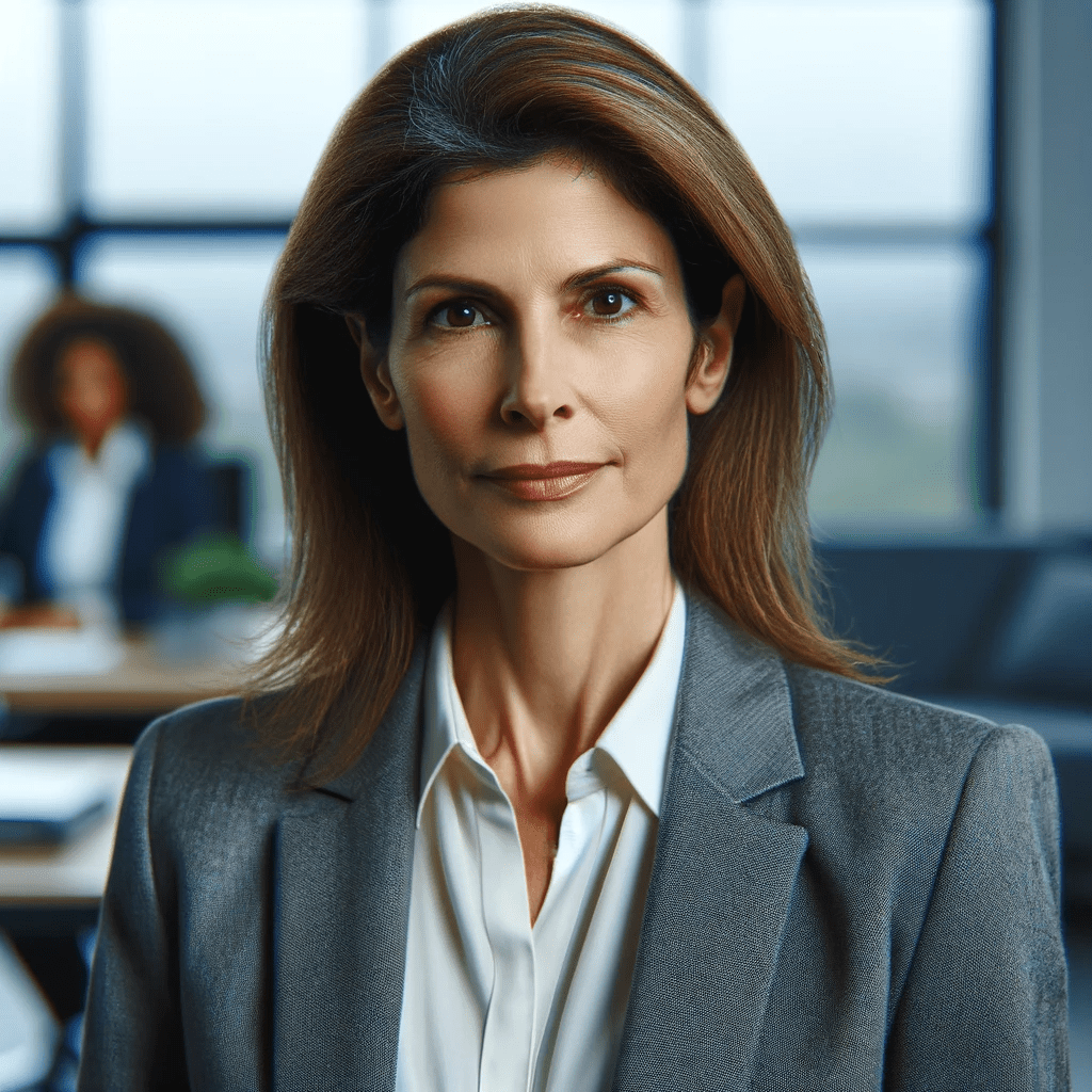 DALL·E 2023-11-14 22.48.31 - A decisive, efficient female executive in her late 40s, with a pragmatic and approachable look, dressed in a professional business outfit, in a modern