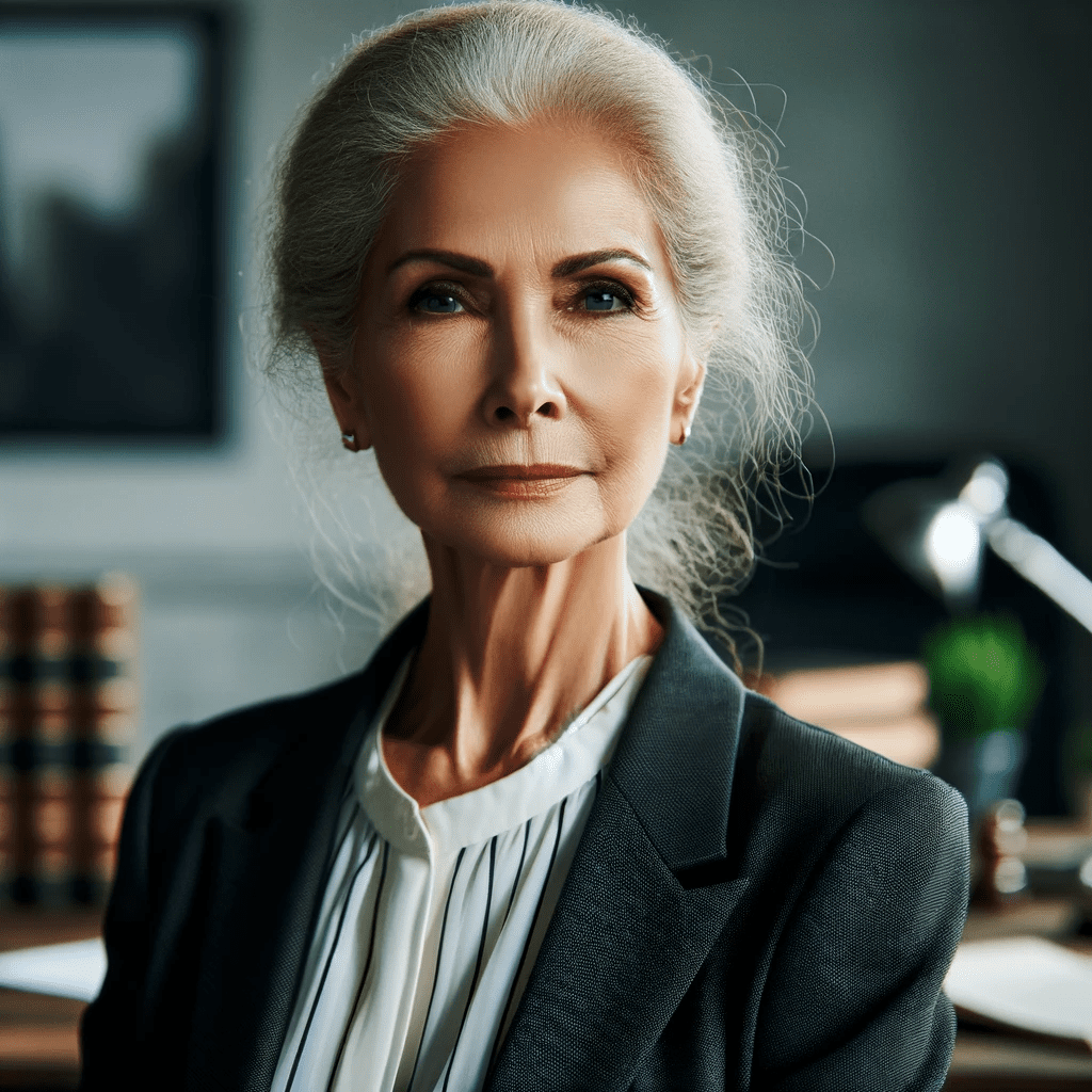 DALL·E 2023-11-14 22.48.42 - A wise, astute female in her early 60s, with an air of authority and intellect, dressed in a professional, elegant outfit, in a legal office setting