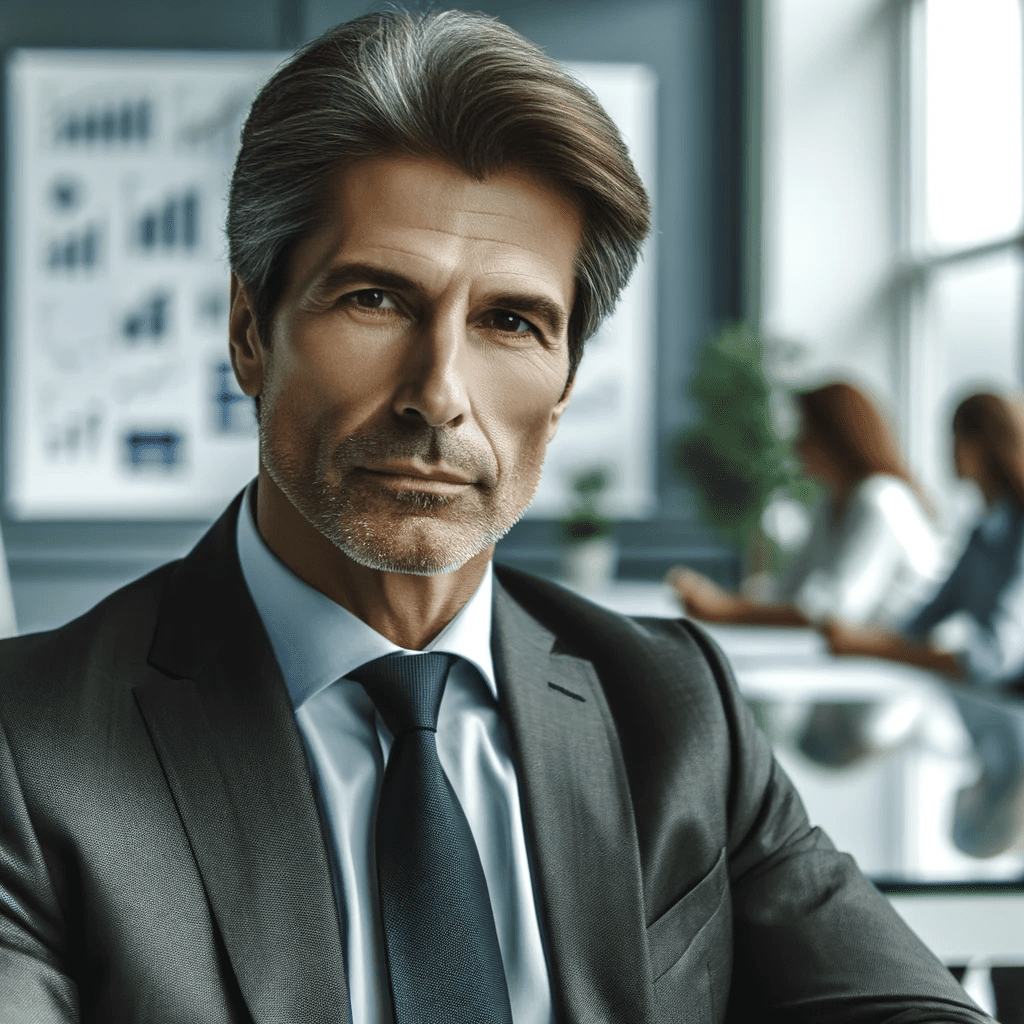 DALL·E 2023-11-14 22.48.46 - A dynamic, charismatic male in his mid-50s, with a look of determination and insight, dressed in a contemporary business suit, in a strategic planning
