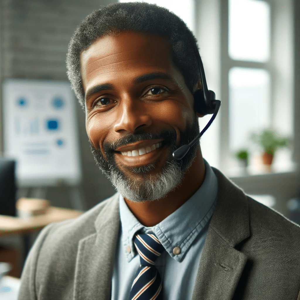 DALL·E 2023-11-14 22.51.19 - An engaging, personable Black male in his early 40s, with a customer-focused and friendly appearance, dressed in modern business casual, in a customer