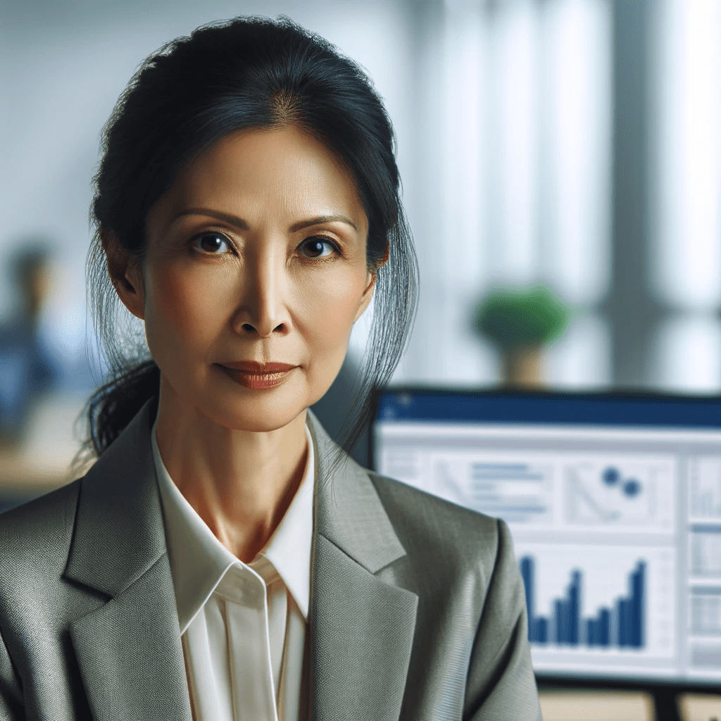 DALL·E 2023-11-14 22.51.24 - A detail-oriented, insightful Asian female in her mid-40s, with a focused and analytical look, dressed in sophisticated business attire, in a data ana