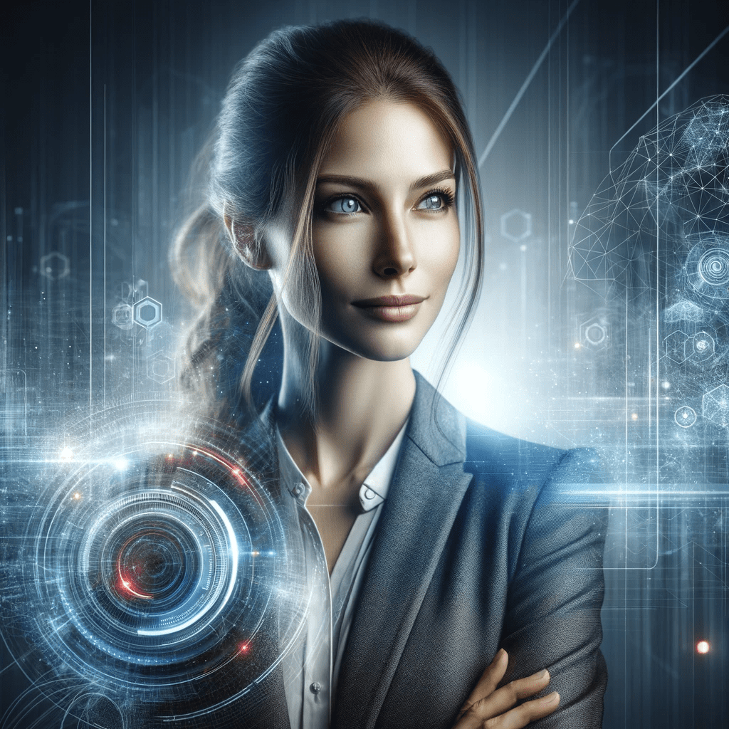 DALL·E 2023-11-25 14.06.58 - Create a 'hero image' reflecting the persona of an Executive AI Mentor and Digital Transformation Visionary, named Diana. The image should convey a se